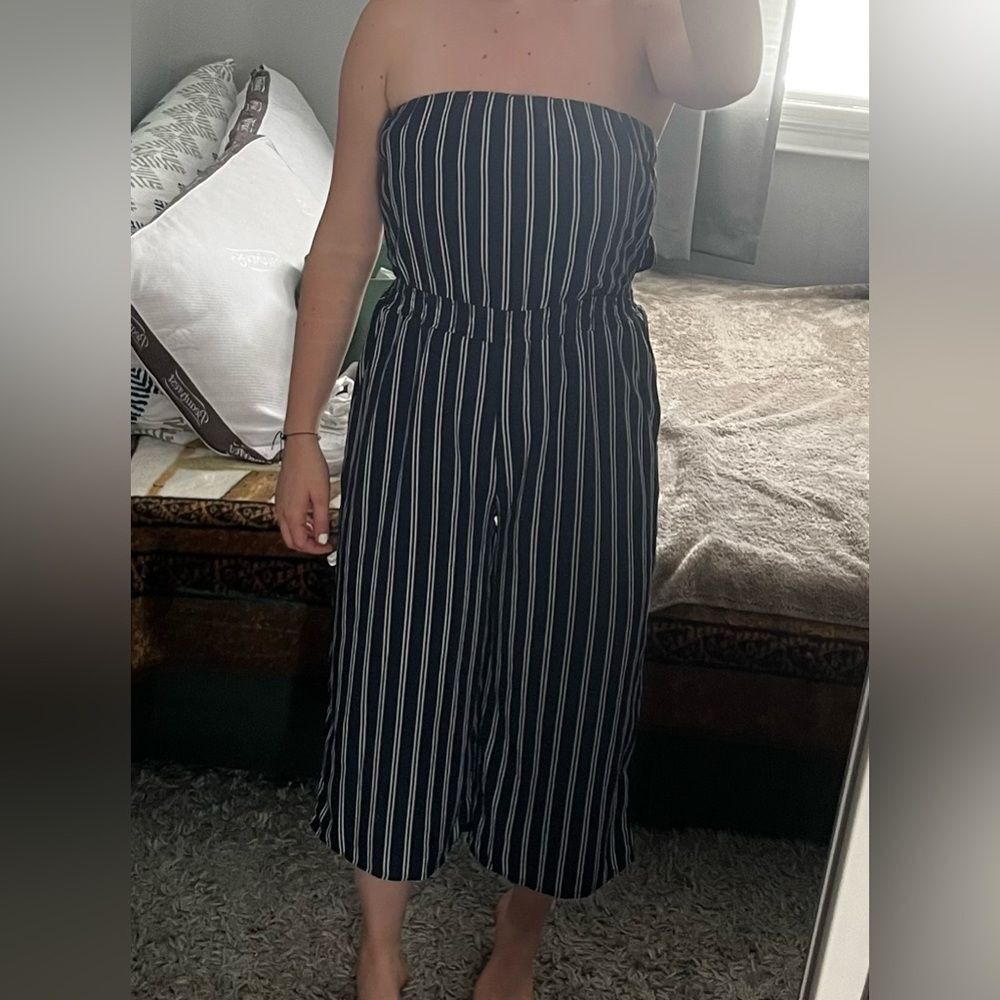 Lulus blue and white striped jumpsuit size small